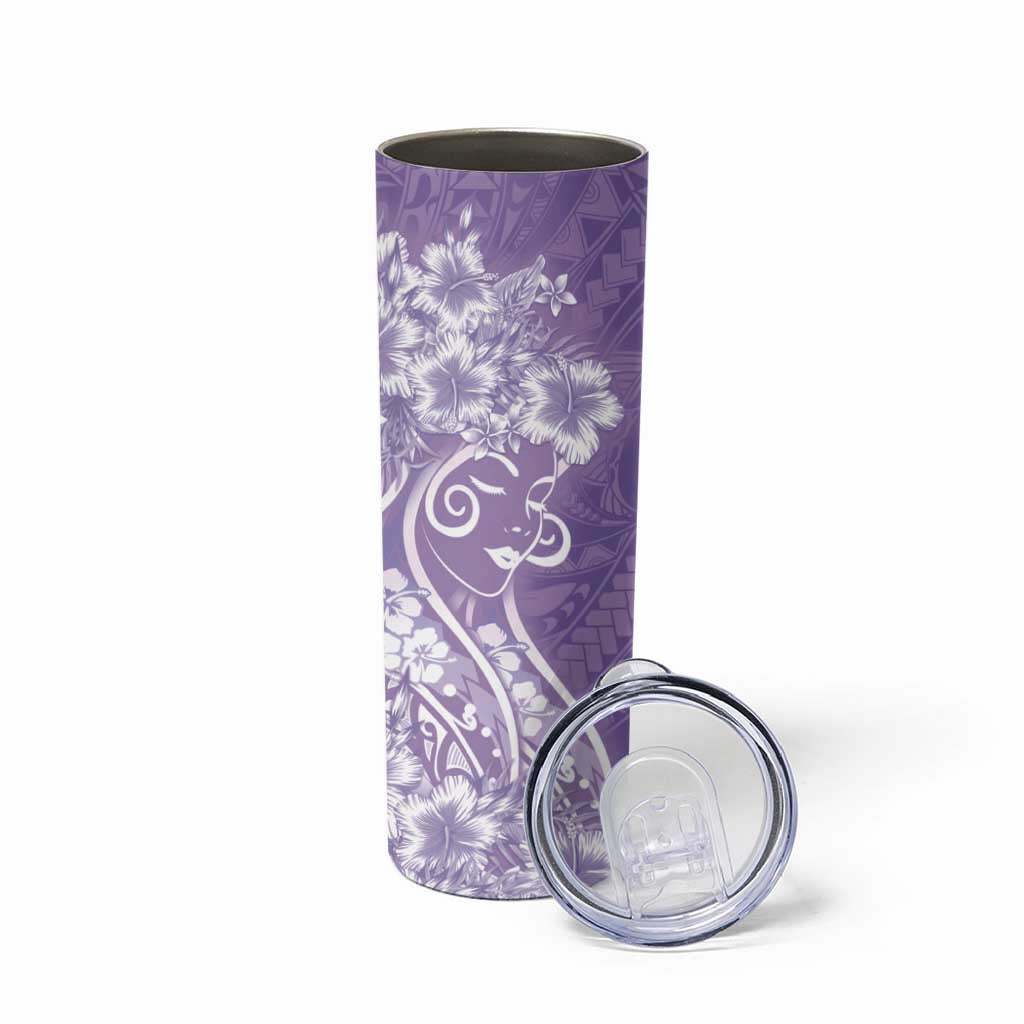 Polynesian Women's Day Skinny Tumbler Purple Hibiscus Flowers With Polynesian Pattern