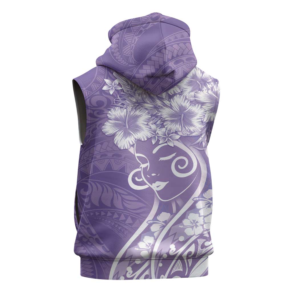 Polynesian Women's Day Sleeveless Zip Hoodie Purple Hibiscus Flowers With Polynesian Pattern