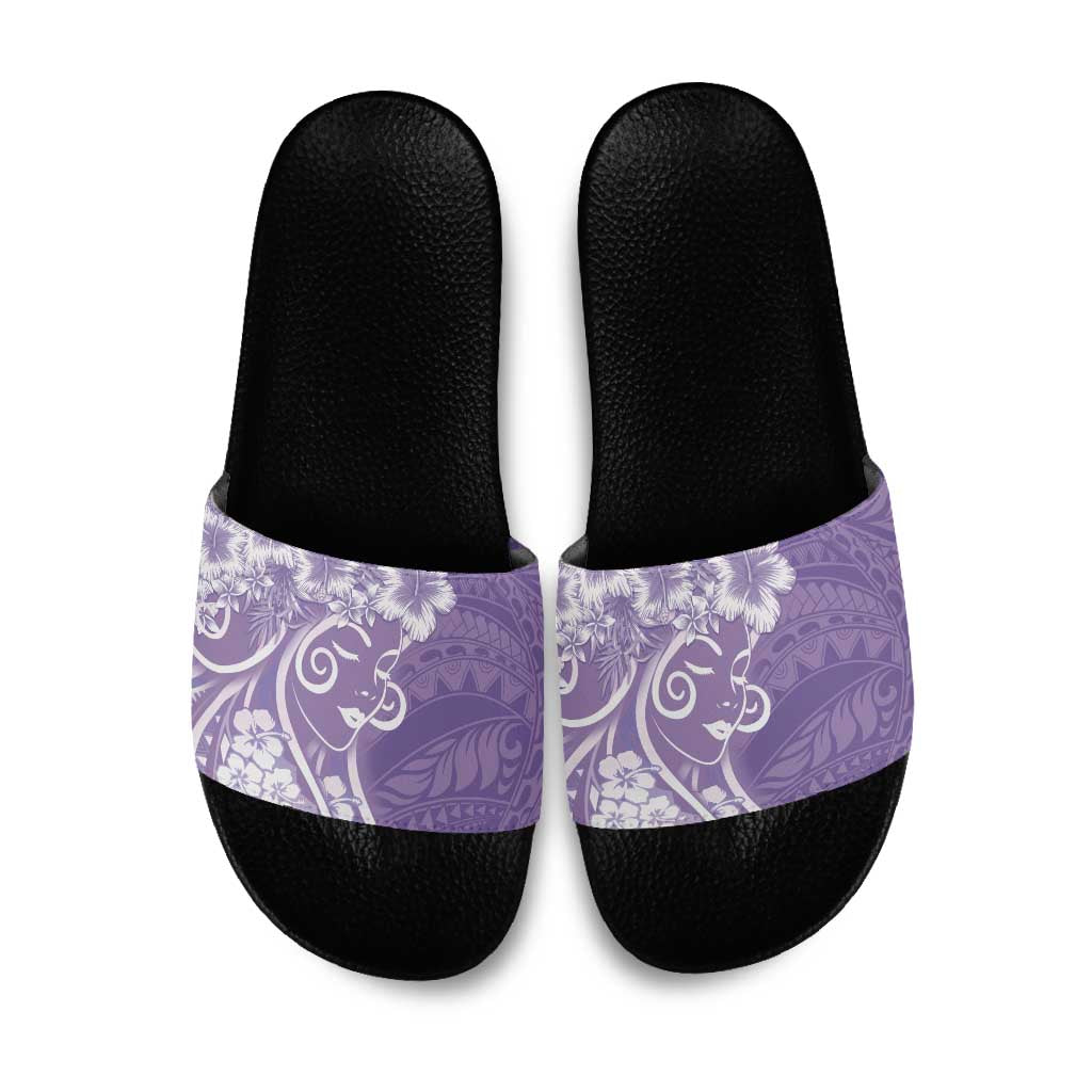 Polynesian Women's Day Slide Sandals Purple Hibiscus Flowers With Polynesian Pattern