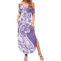 Polynesian Women's Day Summer Maxi Dress Purple Hibiscus Flowers With Polynesian Pattern
