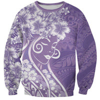 Polynesian Women's Day Sweatshirt Purple Hibiscus Flowers With Polynesian Pattern