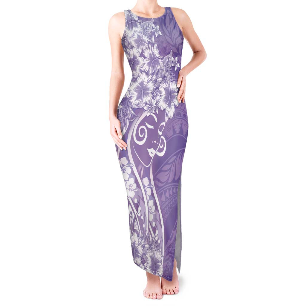 Polynesian Women's Day Tank Maxi Dress Purple Hibiscus Flowers With Polynesian Pattern