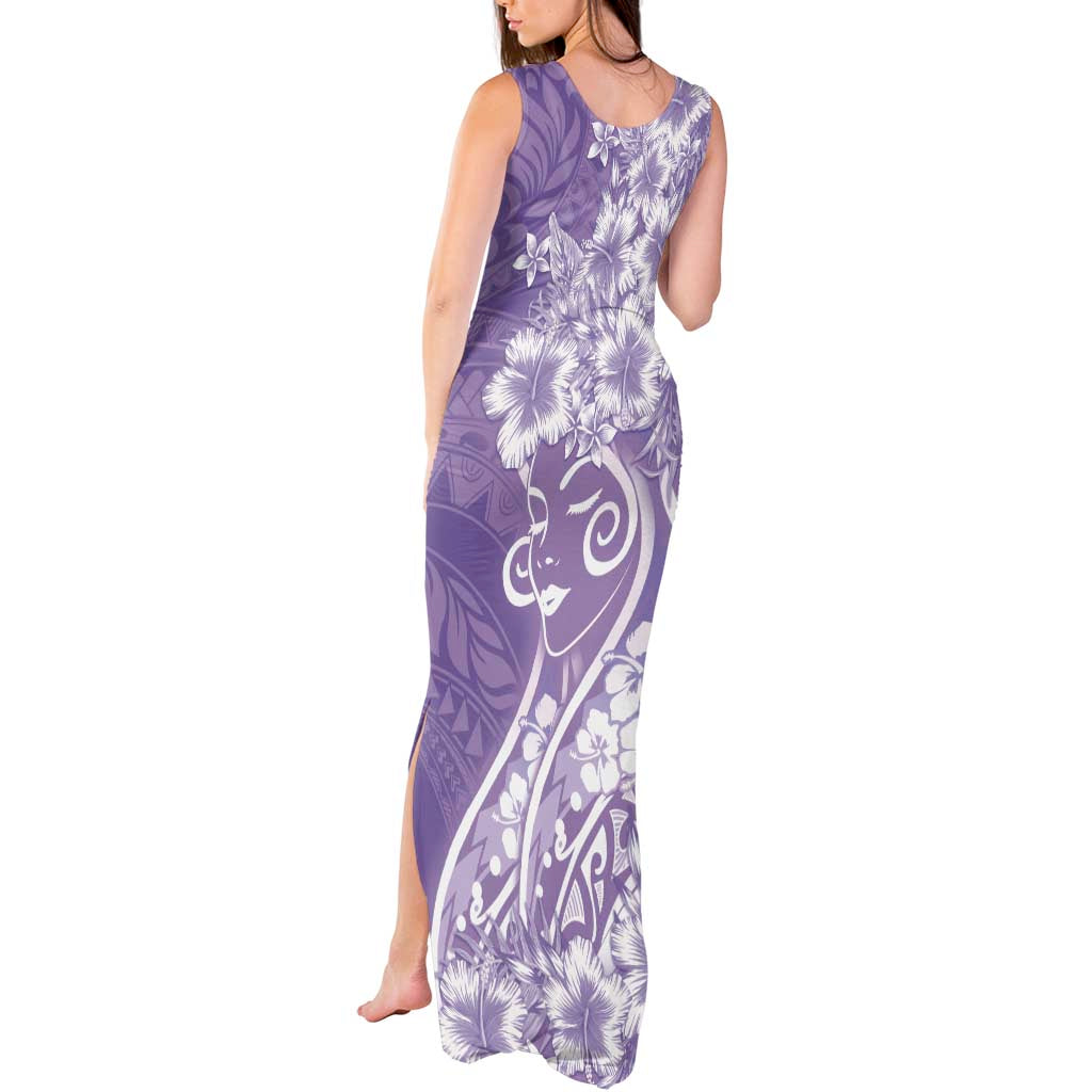 Polynesian Women's Day Tank Maxi Dress Purple Hibiscus Flowers With Polynesian Pattern