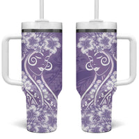 Polynesian Women's Day Tumbler With Handle Purple Hibiscus Flowers With Polynesian Pattern