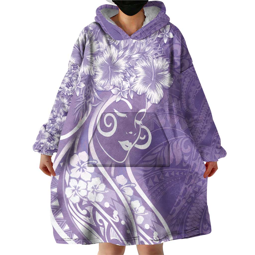 Polynesian Women's Day Wearable Blanket Hoodie Purple Hibiscus Flowers With Polynesian Pattern