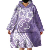 Polynesian Women's Day Wearable Blanket Hoodie Purple Hibiscus Flowers With Polynesian Pattern