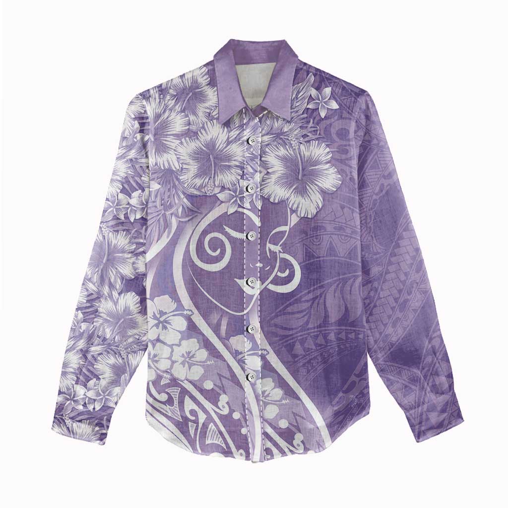 Polynesian Women's Day Women Casual Shirt Purple Hibiscus Flowers With Polynesian Pattern