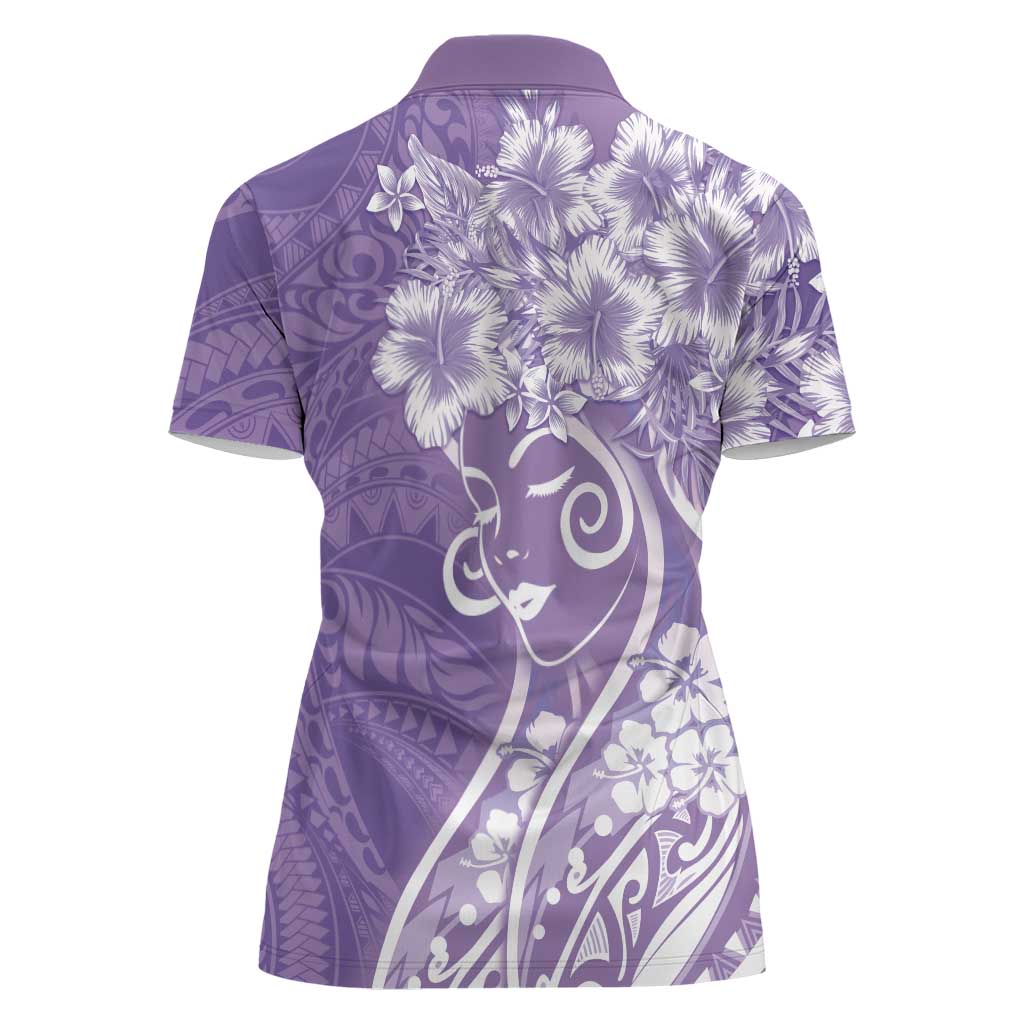 Polynesian Women's Day Women Polo Shirt Purple Hibiscus Flowers With Polynesian Pattern