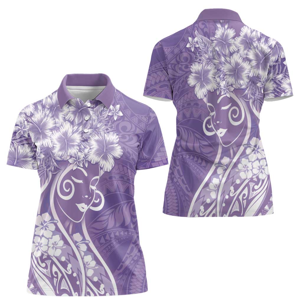 Polynesian Women's Day Women Polo Shirt Purple Hibiscus Flowers With Polynesian Pattern