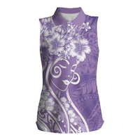 Polynesian Women's Day Women Sleeveless Polo Shirt Purple Hibiscus Flowers With Polynesian Pattern