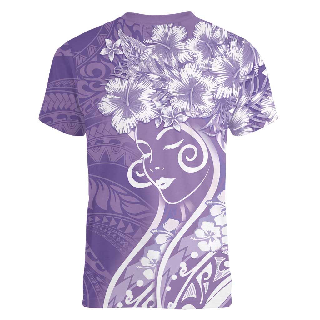 Polynesian Women's Day Women V-Neck T-Shirt Purple Hibiscus Flowers With Polynesian Pattern