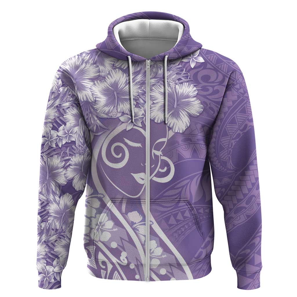 Polynesian Women's Day Zip Hoodie Purple Hibiscus Flowers With Polynesian Pattern