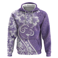 Polynesian Women's Day Zip Hoodie Purple Hibiscus Flowers With Polynesian Pattern