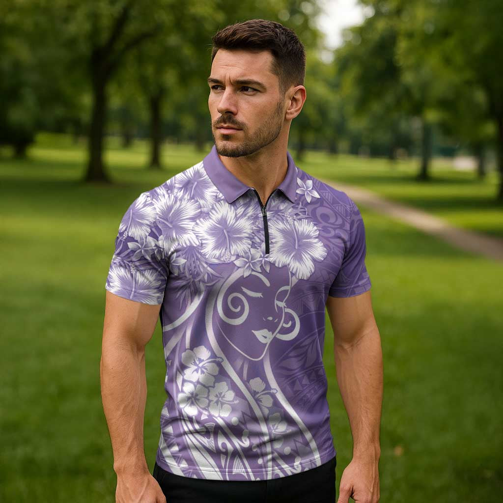 Polynesian Women's Day Zipper Polo Shirt Purple Hibiscus Flowers With Polynesian Pattern