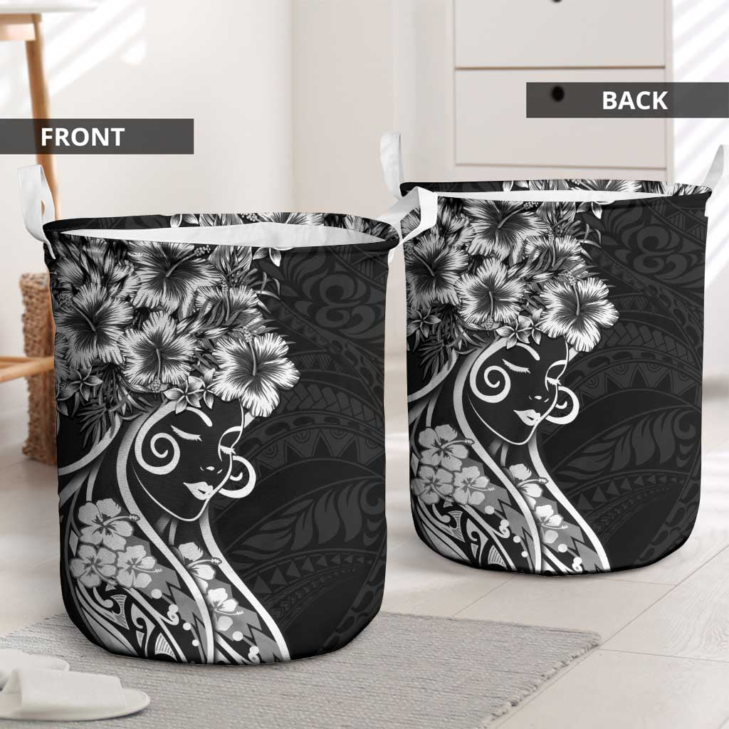 Polynesian Women's Day Laundry Basket Black Hibiscus Flowers With Polynesian Pattern