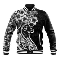 Polynesian Women's Day Baseball Jacket Black Hibiscus Flowers With Polynesian Pattern