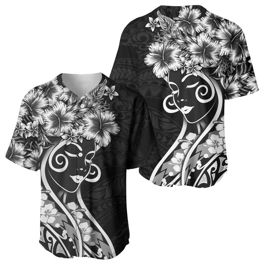 Polynesian Women's Day Baseball Jersey Black Hibiscus Flowers With Polynesian Pattern