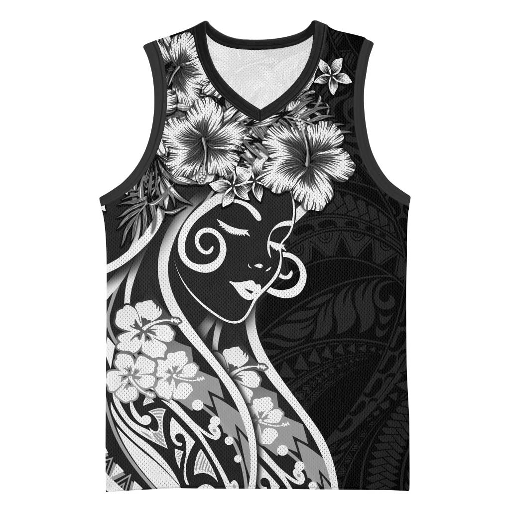 Polynesian Women's Day Basketball Jersey Black Hibiscus Flowers With Polynesian Pattern