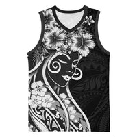 Polynesian Women's Day Basketball Jersey Black Hibiscus Flowers With Polynesian Pattern