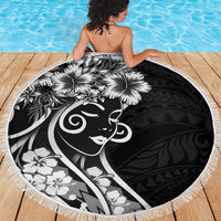 Polynesian Women's Day Beach Blanket Black Hibiscus Flowers With Polynesian Pattern