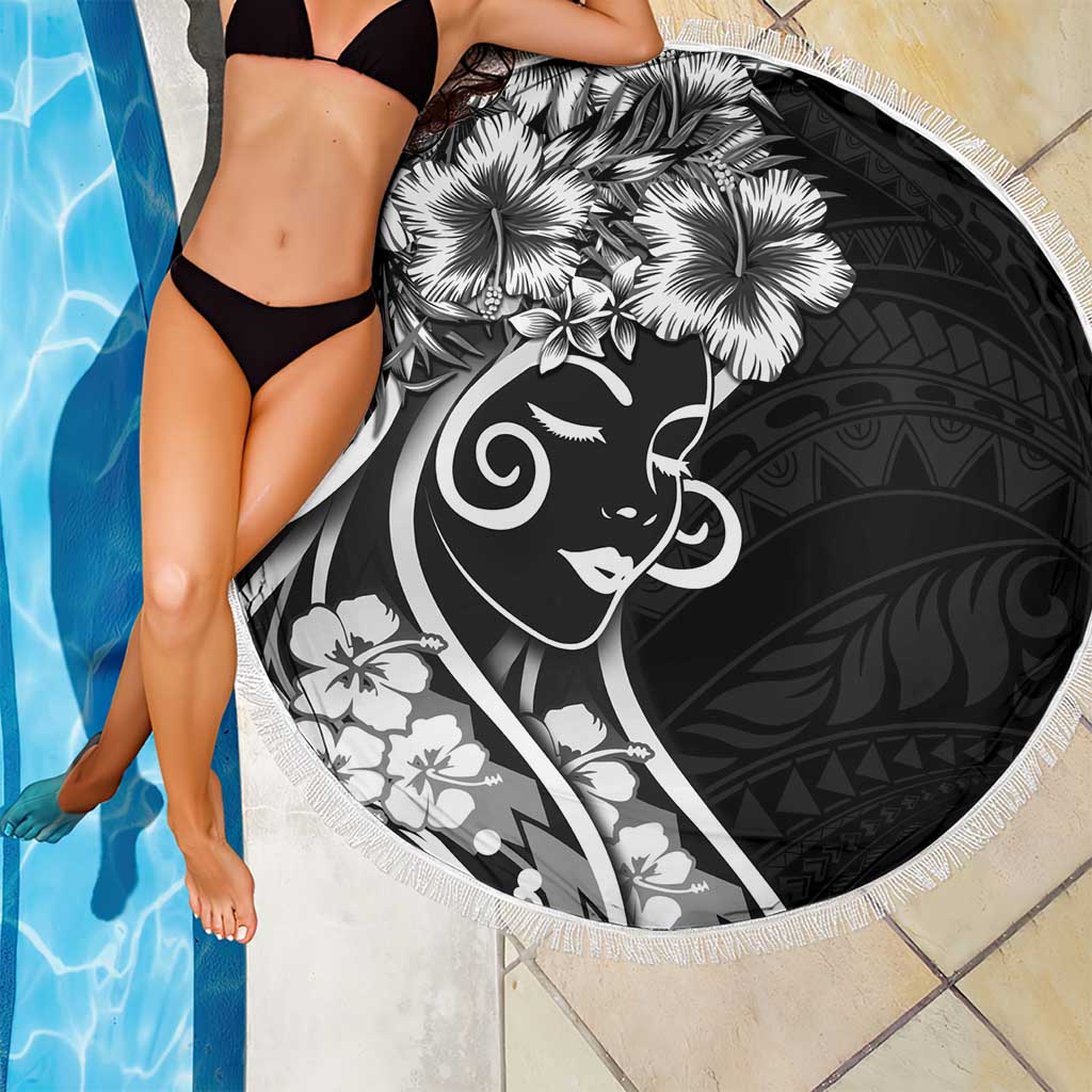 Polynesian Women's Day Beach Blanket Black Hibiscus Flowers With Polynesian Pattern