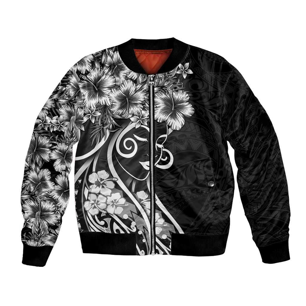 Polynesian Women's Day Bomber Jacket Black Hibiscus Flowers With Polynesian Pattern