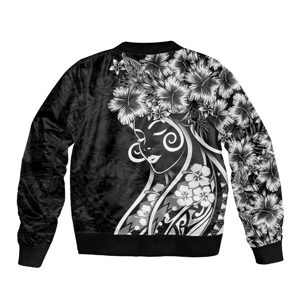 Polynesian Women's Day Bomber Jacket Black Hibiscus Flowers With Polynesian Pattern