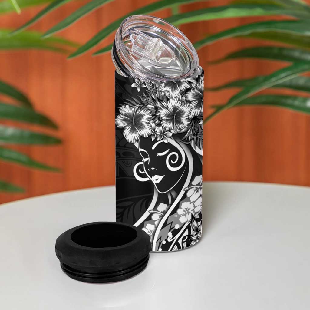 Polynesian Women's Day 4 in 1 Can Cooler Tumbler Black Hibiscus Flowers With Polynesian Pattern