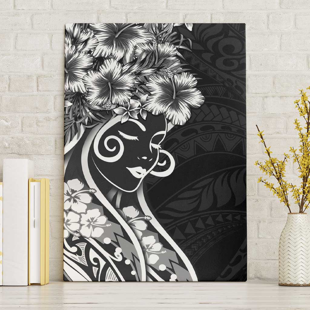 Polynesian Women's Day Canvas Wall Art Black Hibiscus Flowers With Polynesian Pattern
