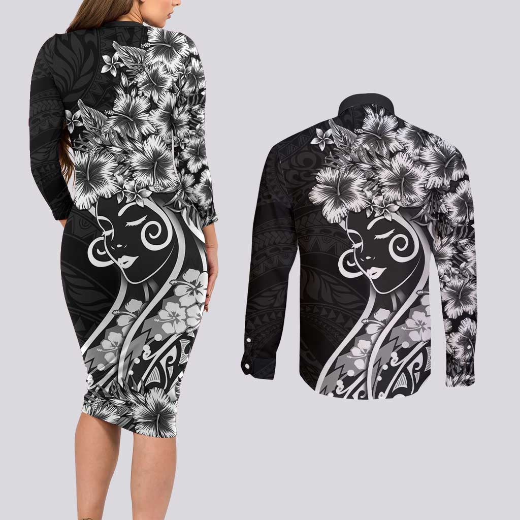Polynesian Women's Day Couples Matching Long Sleeve Bodycon Dress and Long Sleeve Button Shirt Black Hibiscus Flowers With Polynesian Pattern