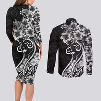Polynesian Women's Day Couples Matching Long Sleeve Bodycon Dress and Long Sleeve Button Shirt Black Hibiscus Flowers With Polynesian Pattern