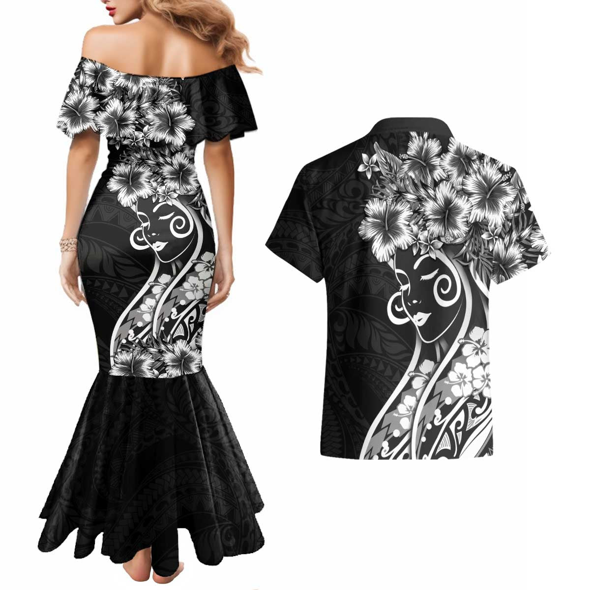 Polynesian Women's Day Couples Matching Mermaid Dress and Hawaiian Shirt Black Hibiscus Flowers With Polynesian Pattern