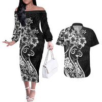 Polynesian Women's Day Couples Matching Off The Shoulder Long Sleeve Dress and Hawaiian Shirt Black Hibiscus Flowers With Polynesian Pattern