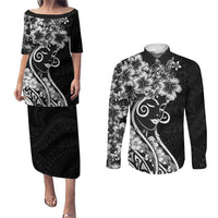 Polynesian Women's Day Couples Matching Puletasi and Long Sleeve Button Shirt Black Hibiscus Flowers With Polynesian Pattern