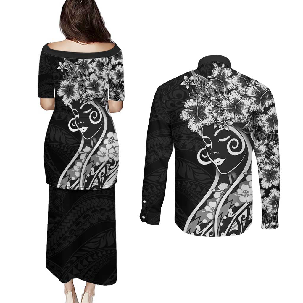 Polynesian Women's Day Couples Matching Puletasi and Long Sleeve Button Shirt Black Hibiscus Flowers With Polynesian Pattern
