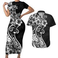 Polynesian Women's Day Couples Matching Short Sleeve Bodycon Dress and Hawaiian Shirt Black Hibiscus Flowers With Polynesian Pattern