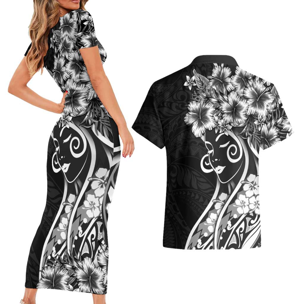 Polynesian Women's Day Couples Matching Short Sleeve Bodycon Dress and Hawaiian Shirt Black Hibiscus Flowers With Polynesian Pattern