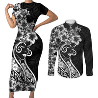 Polynesian Women's Day Couples Matching Short Sleeve Bodycon Dress and Long Sleeve Button Shirt Black Hibiscus Flowers With Polynesian Pattern
