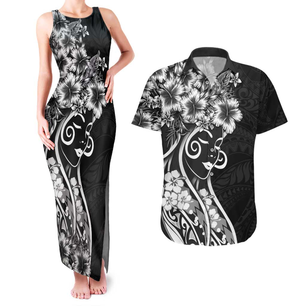 Polynesian Women's Day Couples Matching Tank Maxi Dress and Hawaiian Shirt Black Hibiscus Flowers With Polynesian Pattern