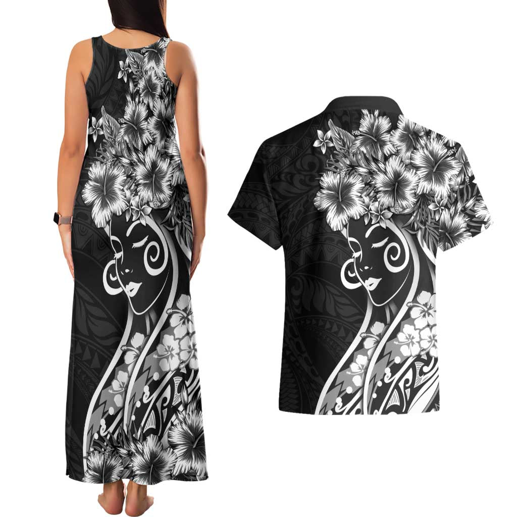 Polynesian Women's Day Couples Matching Tank Maxi Dress and Hawaiian Shirt Black Hibiscus Flowers With Polynesian Pattern
