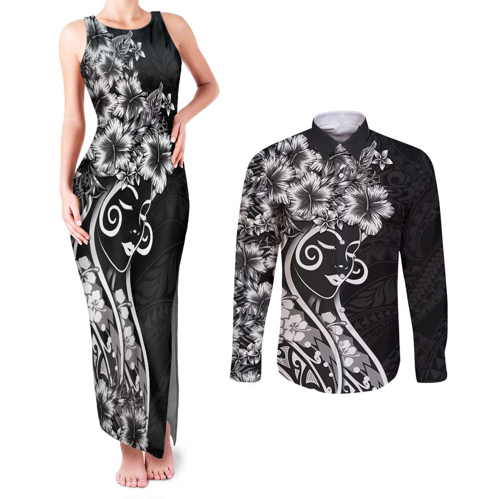 Polynesian Women's Day Couples Matching Tank Maxi Dress and Long Sleeve Button Shirt Black Hibiscus Flowers With Polynesian Pattern