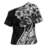 Polynesian Women's Day Cross Shoulder Shirt Black Hibiscus Flowers With Polynesian Pattern