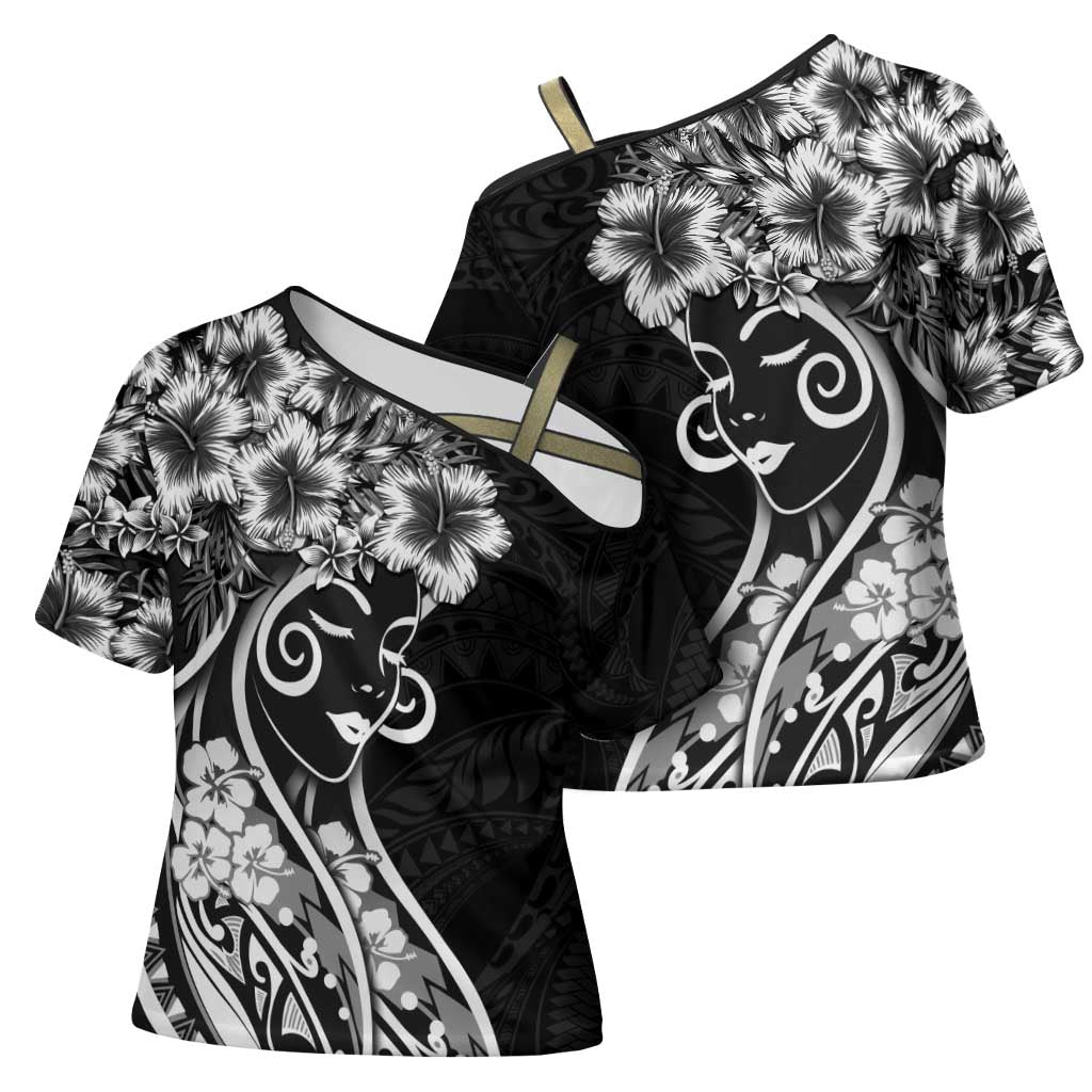 Polynesian Women's Day Cross Shoulder Shirt Black Hibiscus Flowers With Polynesian Pattern