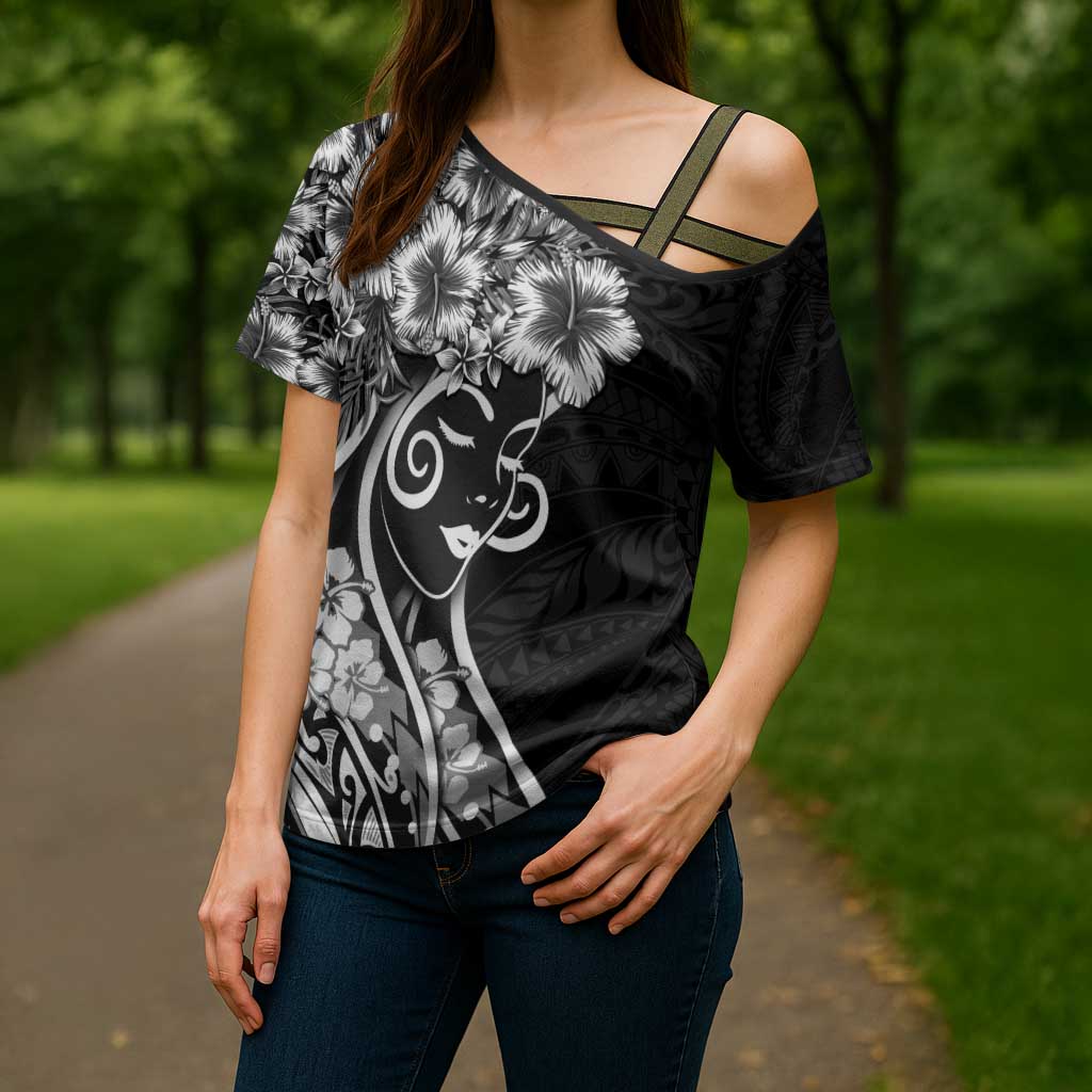 Polynesian Women's Day Cross Shoulder Shirt Black Hibiscus Flowers With Polynesian Pattern