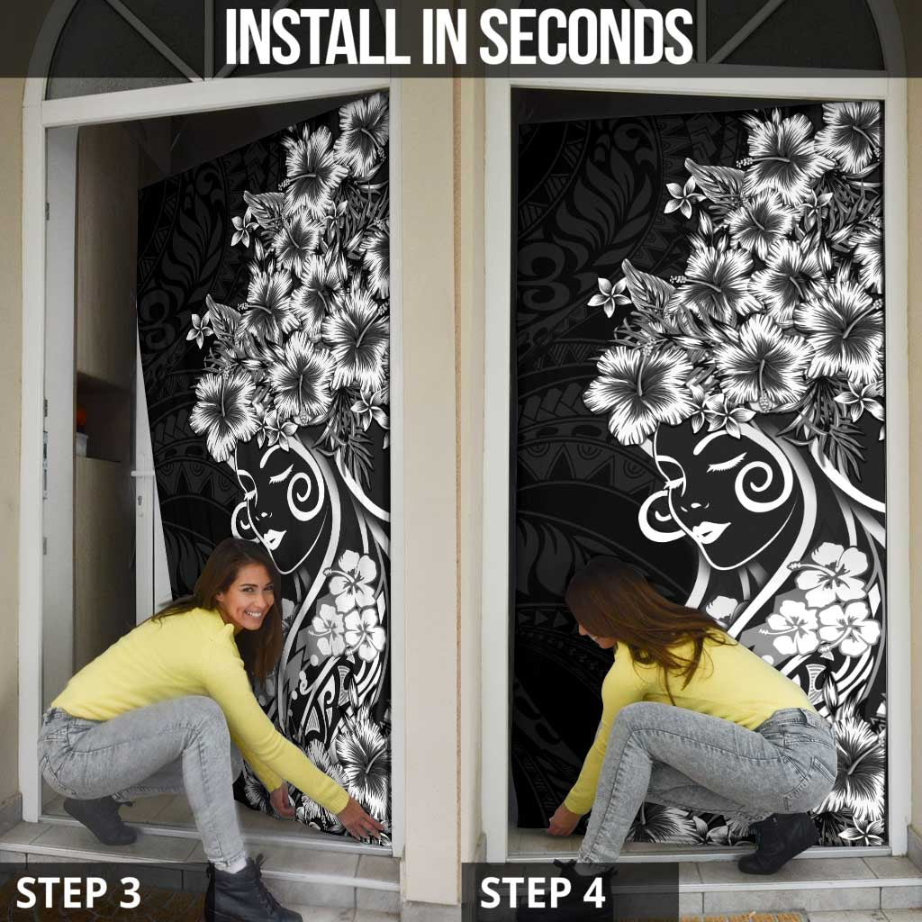 Polynesian Women's Day Door Cover Black Hibiscus Flowers With Polynesian Pattern
