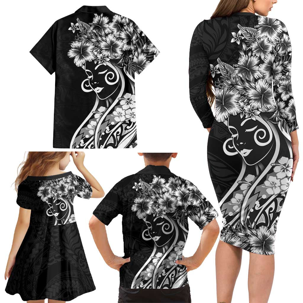 Polynesian Women's Day Family Matching Long Sleeve Bodycon Dress and Hawaiian Shirt Black Hibiscus Flowers With Polynesian Pattern LT05 - Polynesian Pride