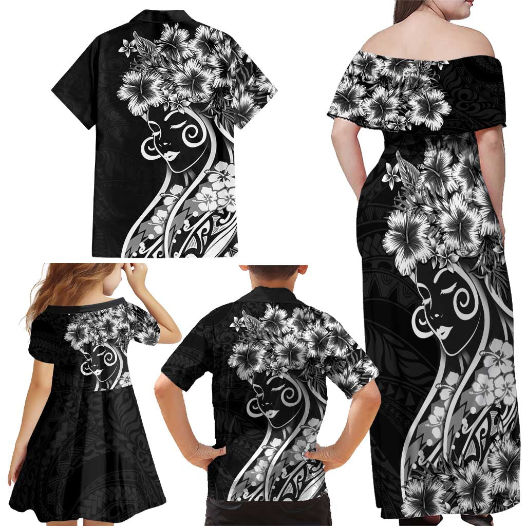Polynesian Women's Day Family Matching Off Shoulder Maxi Dress and Hawaiian Shirt Black Hibiscus Flowers With Polynesian Pattern