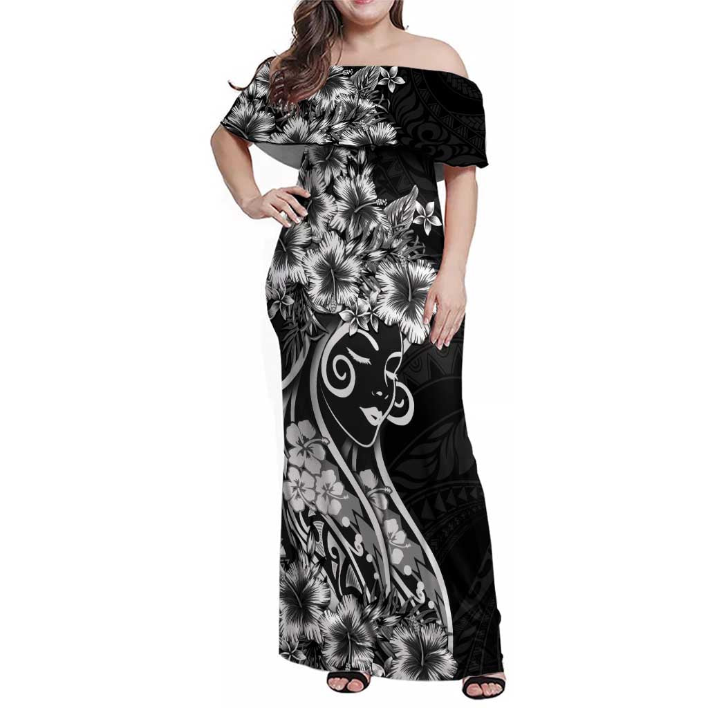 Polynesian Women's Day Family Matching Off Shoulder Maxi Dress and Hawaiian Shirt Black Hibiscus Flowers With Polynesian Pattern