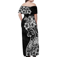 Polynesian Women's Day Family Matching Off Shoulder Maxi Dress and Hawaiian Shirt Black Hibiscus Flowers With Polynesian Pattern