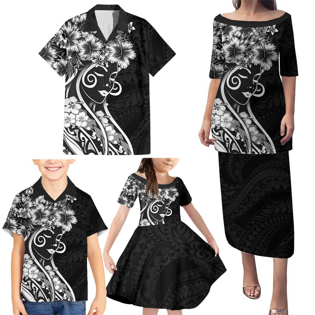 Polynesian Women's Day Family Matching Puletasi and Hawaiian Shirt Black Hibiscus Flowers With Polynesian Pattern